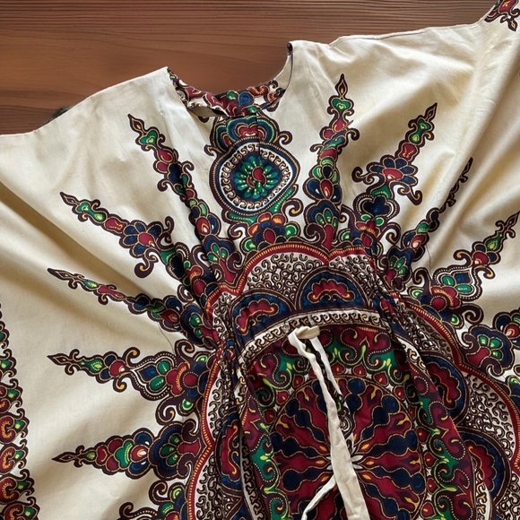 VTG Dashiki African Print Adjustable Waist Gold Maroon Kaftan Kimono Dress O/S - Picture 3 of 11